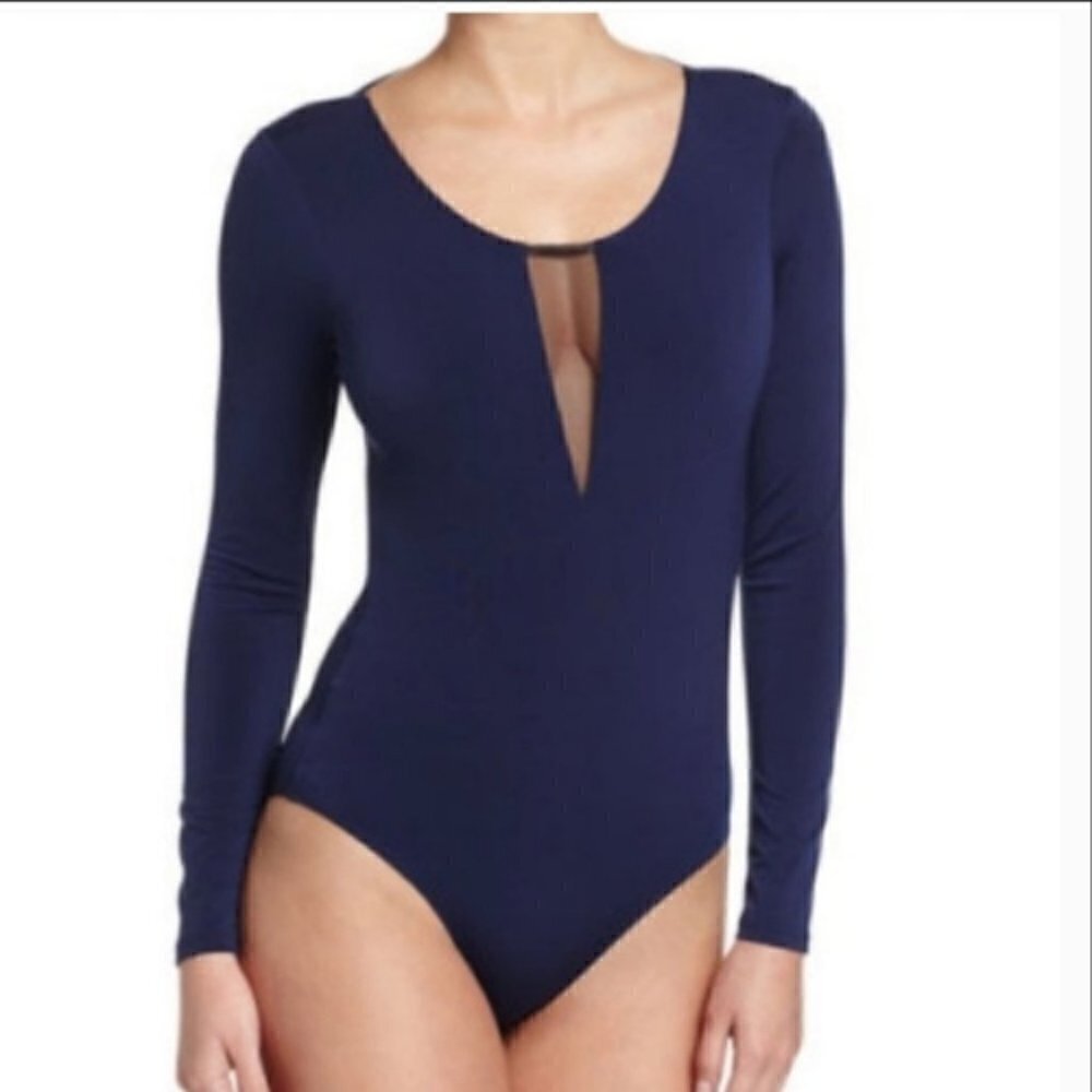 NWT Navy Blue BCBGeneration Black Mesh Panel Long Sleeve Bodysuit size L